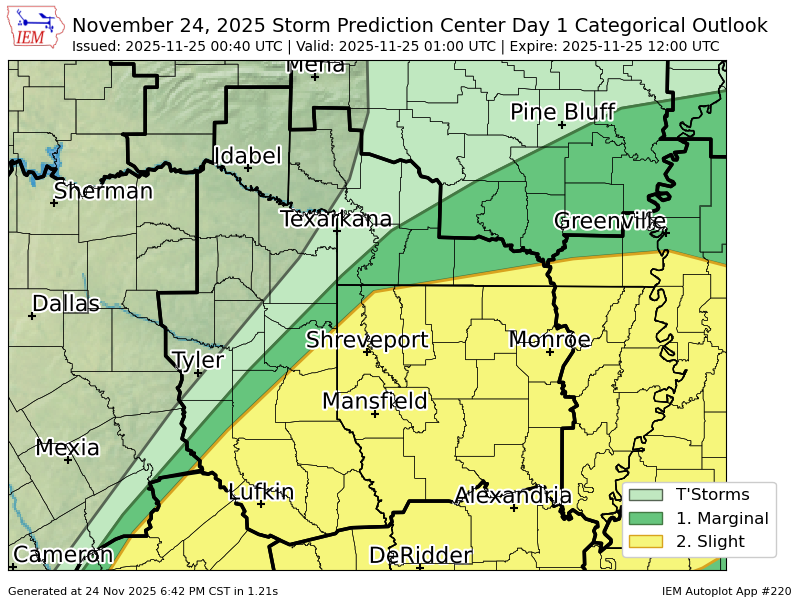 MichaelSearcy's tweet image. #SPC issues Day 1 Slight Convective Risk at Nov 25, 0:40z for SHV spc.noaa.gov/products/outlo…