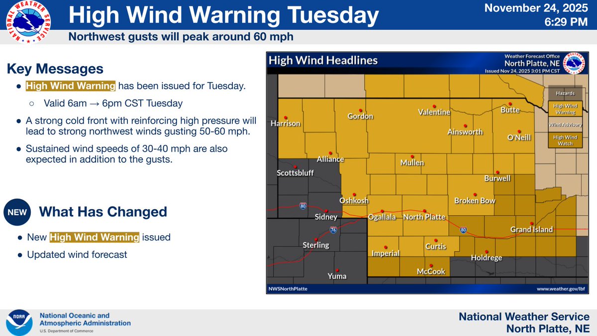 A High Wind Warning has been issued for western and north central Nebraska effective Tuesday from 6 AM to 6 PM CST. Sustained winds of 30 to 40 mph are expected, with wind gusts of 50 to 60 mph. #NEwx