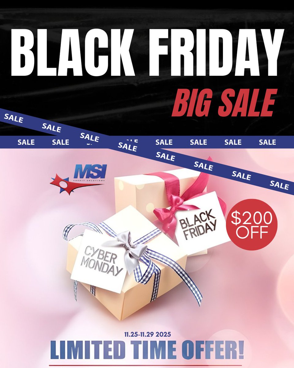 MSICredit's tweet image. 🔥 Black Friday Deal You Can’t Miss! 🔥

🛑 LIMITED TIME OFFER: Get $200 OFF Credit Repair and take control of your financial future today!

✅ Boost your credit score in as little as 6 months or less

✅ Start your journey to homeownership and financial freedom

⏳ Don’t…