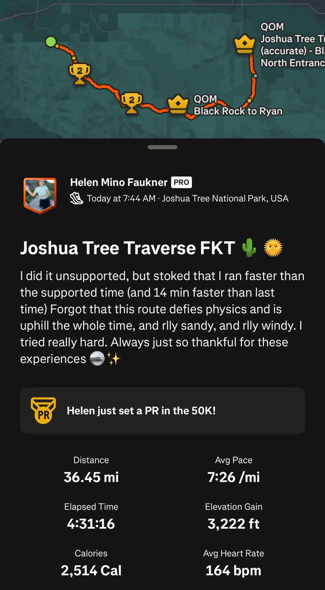 aidstationfireb's tweet image. Helen Mino Faukner claims the unsupported Joshua Tree Traverse FKT, after a near miss on a previous attempt, in 4:31:16. @FastestKnown 

This is nearly 10 minutes faster than Jade Belzberg’s previous supported FKT, and almost 40 MINUTES faster than Rachel Drake’s unsupported FKT!