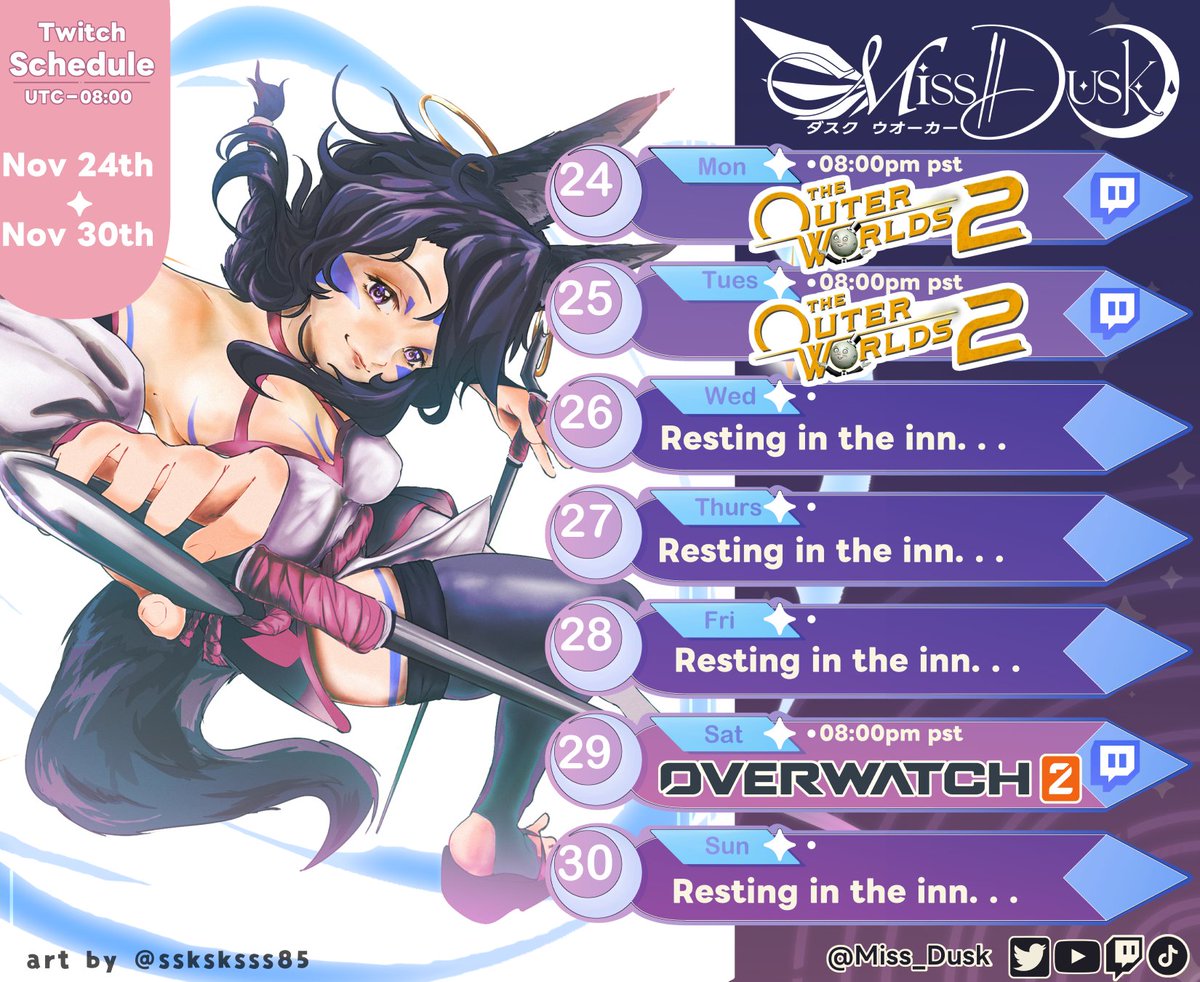 Miss_Dusk's tweet image. ( ˶ˆ꒳ˆ˵ ) New very short schedule! (I&apos;ll be out doing turkey day stuff this week!)
✨Mon &amp;amp; Tue: More Outer Worlds and chill
⭐️Sat: Decompressing in Overwatch after turkey day shenanigans