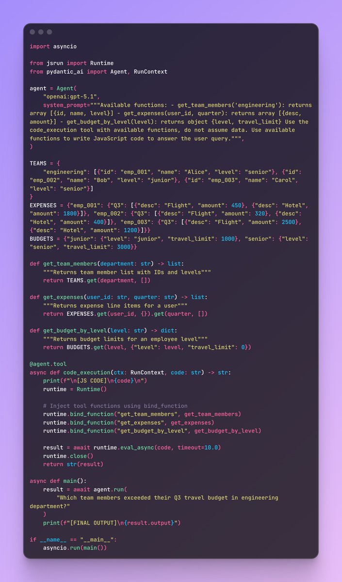 _imfing's tweet image. quick local experiment using pydantic-ai: Programmatic Tool Calling pattern without Anthropic&apos;s API 

- essentially it&apos;s an agent with code execution tool behind their API
- it will be fun when LLM generates buggy code 🙃