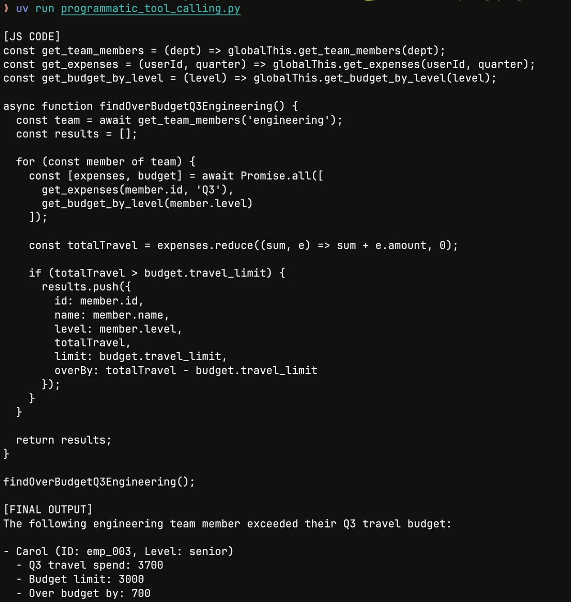 _imfing's tweet image. quick local experiment using pydantic-ai: Programmatic Tool Calling pattern without Anthropic&apos;s API 

- essentially it&apos;s an agent with code execution tool behind their API
- it will be fun when LLM generates buggy code 🙃