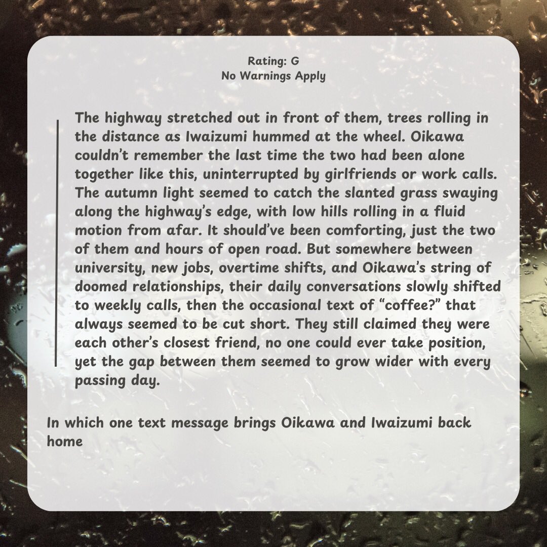 Audilly_'s tweet image. Day 2 of #OikawaWeek2025 ! Short iwaoi fic for the road trip and Office au prompts!

Link: archiveofourown.org/works/74727011

@oikawaweek