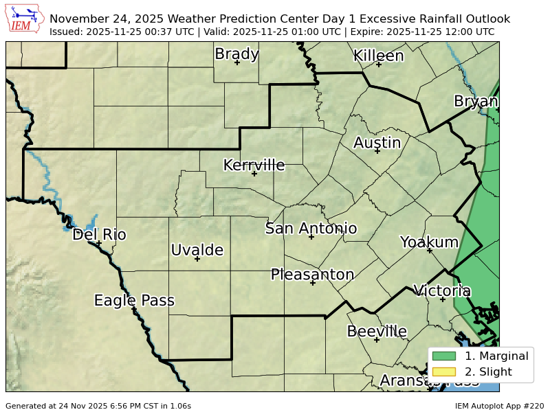 EWXBot's tweet image. WPC issues Day 1 Marginal Risk Excessive Rainfall Outlook at Nov 25, 0:37z for EWX wpc.ncep.noaa.gov/qpf/excessive_…