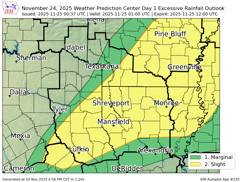iembot_shv's tweet image. WPC issues Day 1 Slight Risk Excessive Rainfall Outlook at Nov 25, 0:37z for SHV wpc.ncep.noaa.gov/qpf/excessive_…