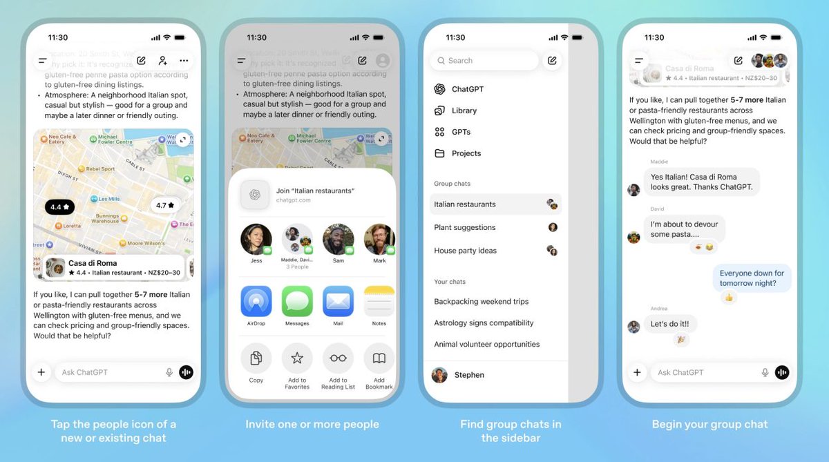 MontissolSteve1's tweet image. @OpenAl transforme #ChatGPT en espace social avec des groupes de discussion jusqu&apos;à 20 personnes, permettant à des amis, collègues ou membres d&apos;une famille de planifier un week-end, coécrire un document ou trancher un débat tout en sollicitant l&apos;IA au fil des échanges.
#SD #AyTèk