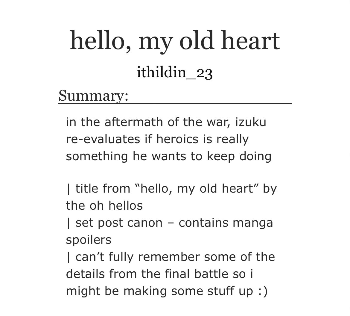 hey since the mha anime is ending soon can i self promo this post war fic i wrote

(i’ve written a couple other more positive post war ones on my ao3!)

archiveofourown.org/works/54113962