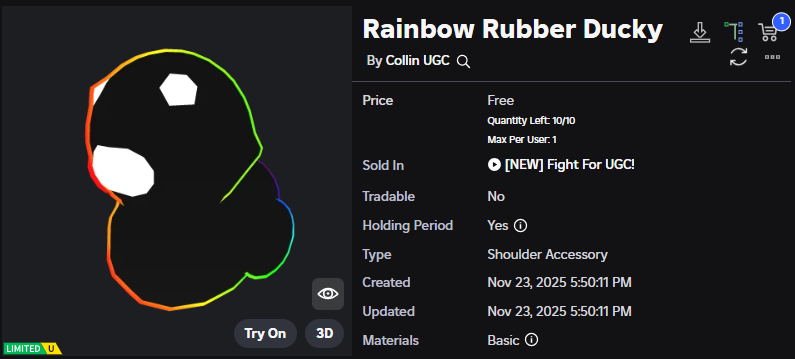 Xh0PlUgc's tweet image. 🔴New limited item &amp;lt;&amp;lt; Fight For UGC &amp;gt;&amp;gt;

📦Stock: 10
❗How to get it: You will need to accumulate 2.0M points and then you can get it.

➡️roblox.com/catalog/751701…
➡️roblox.com/games/12510276…

#Roblox #RobloxDev #RobloxFreeUGC #RobloxUGCLimited