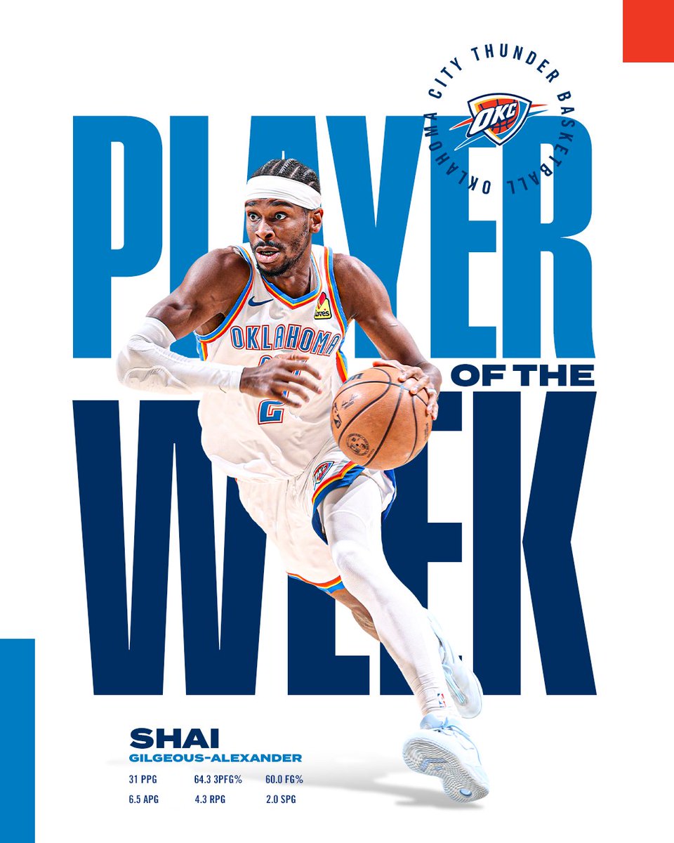 okcthunder's tweet image. Your @NBA Western Conference Player of the Week: Shai Gilgeous-Alexander ⚡️