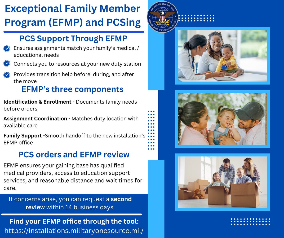 When it’s time to PCS, the Exceptional Family Member Program (EFMP) makes sure your family’s medical and educational needs are part of the plan.📦
Learn more here: militaryonesource.mil/resources/mill…