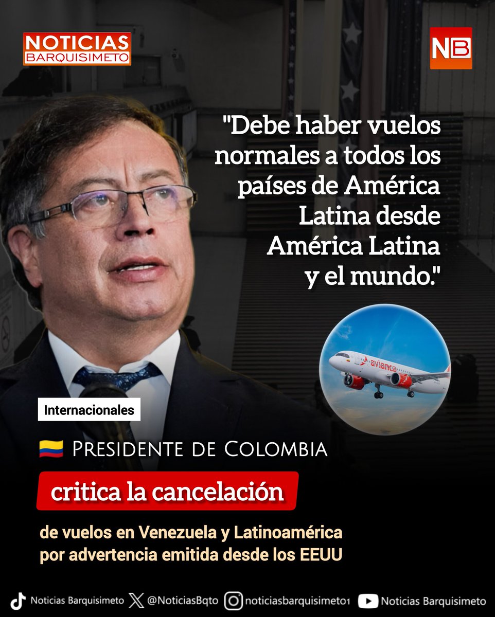 #Internacionales ✈️🇻🇪 | El presidente colombiano Gustavo Petro, critica la alerta de la #FAA sobre el espacio aéreo venezolano: "Los países no se bloquean, porque se bloquean pueblos y eso debe ser crimen contra la humanidad". Defiende la soberanía de Venezuela y rechaza una
