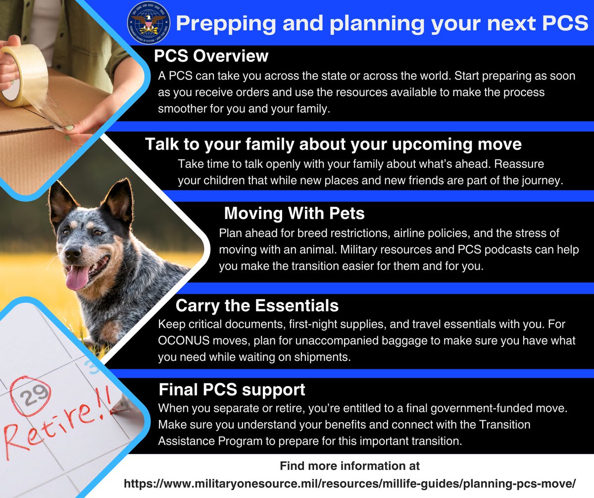 Getting ready for a PCS? A little preparation goes a long way. From talking with your family and planning for pets, to carrying essentials and preparing for your final move, you don’t have to do it alone.
Learn more here: militaryonesource.mil/resources/mill…