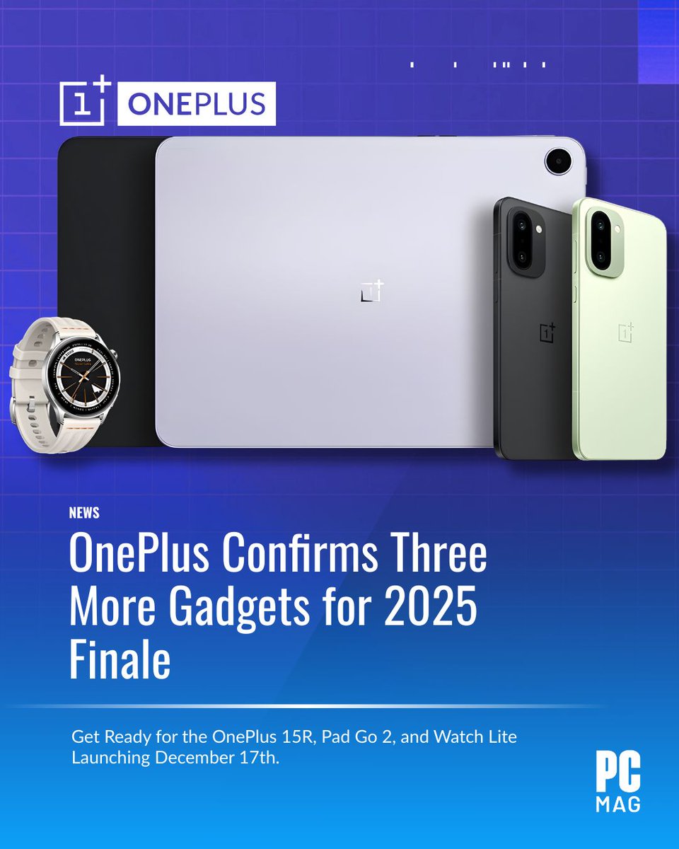 PCMag's tweet photo. OnePlus is launching the #OnePlus15R and #OnePlusPadGo2 on Dec 17.
The 15R has an IP69K rating, and the Pad Go 2 has a 5G option (Shadow Black). Both come to the US, Europe, and India.
The Watch Lite is exclusive to Europe. #OnePlusLaunch #NewGadgets #TechNews
Read more on PCMag 🔗 https://t.co/fMaIOMi4xf