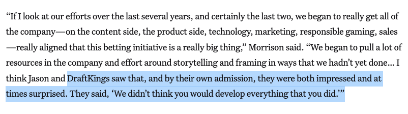 readDanwrite's tweet image. &quot;DraftKings didn&apos;t realize just how much we were willing to pump gambling across our entire network, and they were delighted!&quot;

frontofficesports.com/espn-betting-c…