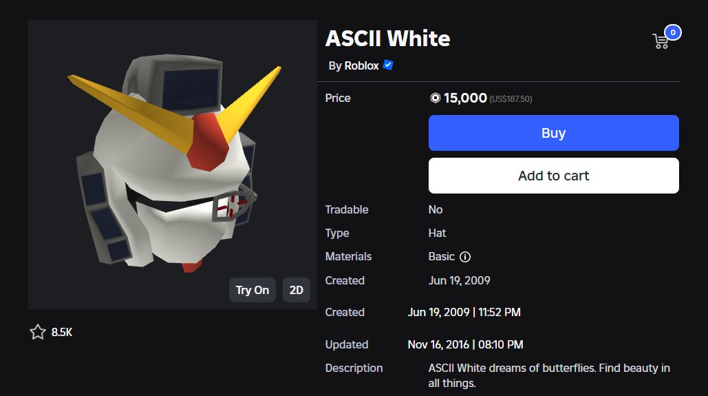 RobloxEventNews's tweet image. 🛒Day 3 of the Roblox Black Friday Sale 2025!    

Today&apos;s item: ASCII White
Price: 15,000 Robux (US$187.50) 

Thoughts?

roblox.com/catalog/120011…
