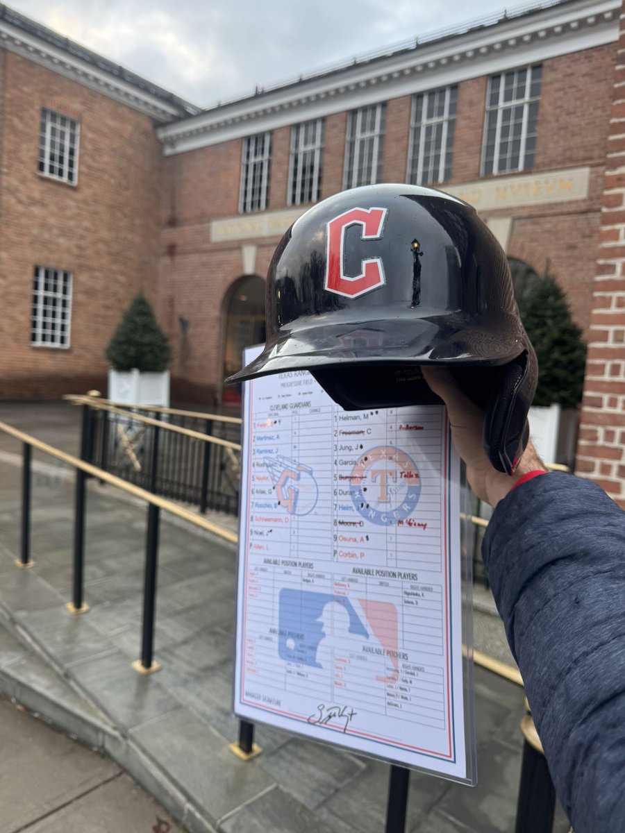 Dropped off a few <a href="/CleGuardians/">Cleveland Guardians</a> items at the <a href="/baseballhall/">National Baseball Hall of Fame and Museum ⚾</a> 

🧢 <a href="/MrLapara/">Jose Ramirez</a> ‘s helmet 
⚾️ line up card from our central clinch