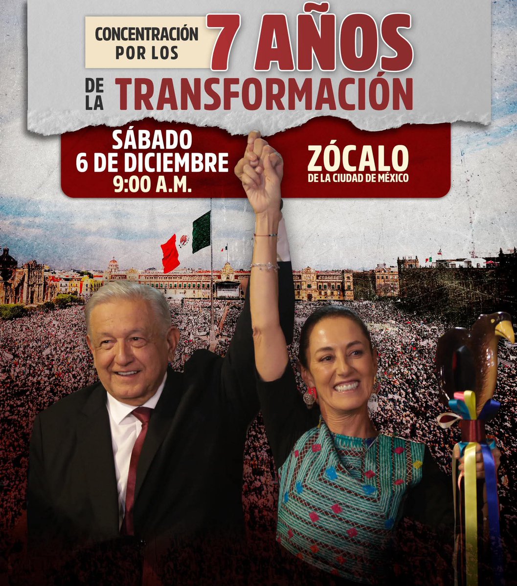 ¡La unidad y la fuerza de nuestro Movimiento están más presentes que nunca!

Celebremos 7 años de Transformación, todos los momentos, triunfos, conquistas y logros para el pueblo de México, sigamos haciendo historia.

¡Nos vemos el sábado 6 de diciembre en el Zócalo de la CDMX!