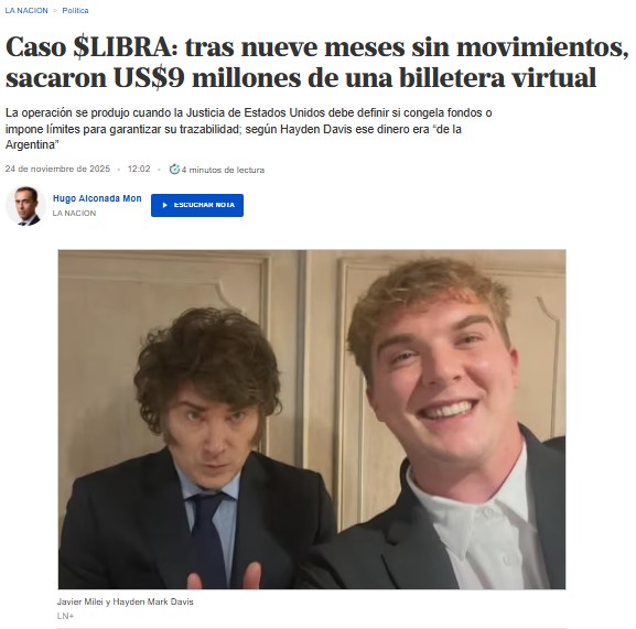 Jackes_is_back's tweet image. 🚨ALERTA | AHORA:
EL ESTAFADOR MILEI SE LA ESTÁ FUGANDO TODA

Ante el riesgo de que la Justicia de Estados Unidos congele o restrinja los movimientos de las billeteras virtuales que acumulan decenas de millones de dólares generados por la “memecoin” $LIBRA, manos anónimas…