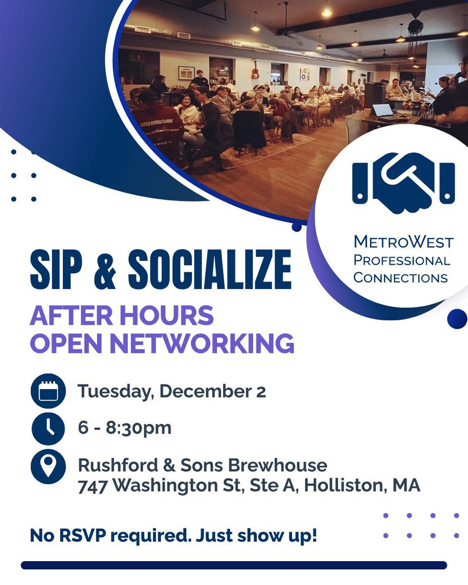 Looking to expand your professional network? 🤝

Join Metrowest Professional Connections for an engaging evening of meaningful conversations, new relationships, and opportunities.

Dec 2nd from 6-8:30 PM @ Rushford &amp; Sons - 747 Washington St, Holliston, MA.

#networking #connect
