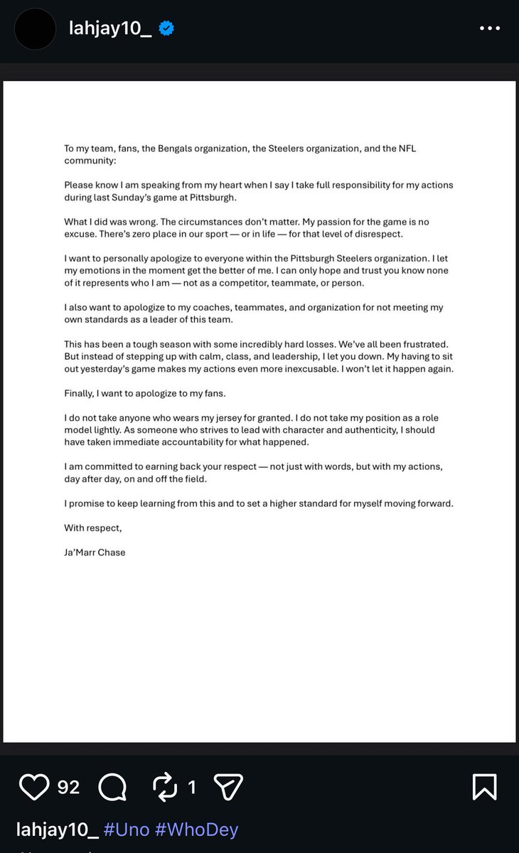 BrianBatko's tweet image. Ja'Marr Chase just posted this apology to the Steelers, the Bengals and fans for spitting on Jalen Ramsey. Did not mention Ramsey by name and said what he did was wrong no matter the circumstances.