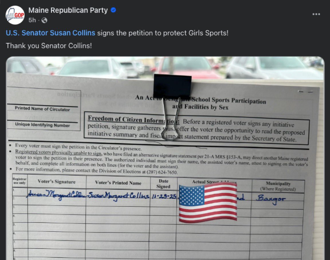 PollTracker2024's tweet image. Maine Senator Susan Collins signs petition being circulated to put a referendum on the Maine ballot in 2026 barring trans students from school bathrooms and sports teams of the gender they identify with.

H/t @aseitzwald