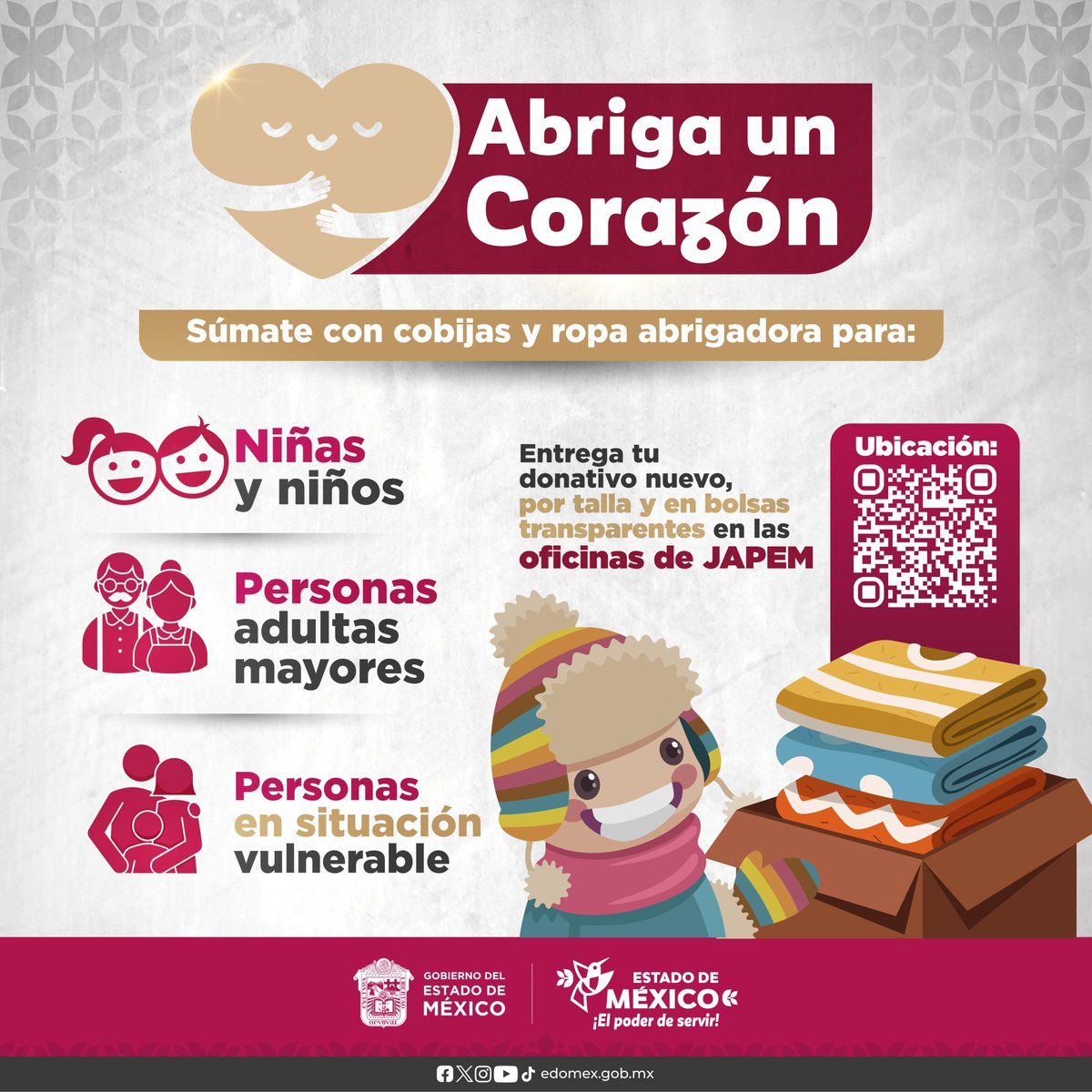 ModernoEdomex's tweet image. Abriga un Corazón 
En esta temporada de frío, en el @Edomex súmate, a la campaña con un donativo abrigador  #AbrigaUnCorazón, en las oficinas de @JAP_EdoMex, llama al 722 2 77 72 90 y 722 2 77 72 91 ext. 127 para solicitar más información.  #ElPoderDeServir