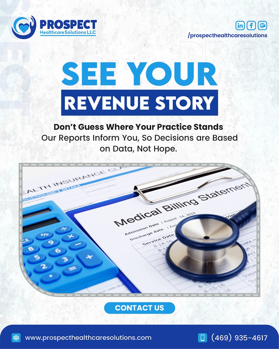 PHCS_LLC's tweet image. Stop guessing, know exactly where your practice stands. At Prospect Healthcare Solutions, we deliver data-driven reports to inform your financial Decisions, moving beyond hope.

Call us: (469) 935-4617
Visit: prospecthealthcaresolutions.com

#HealthcareRevenue #PracticeManagement