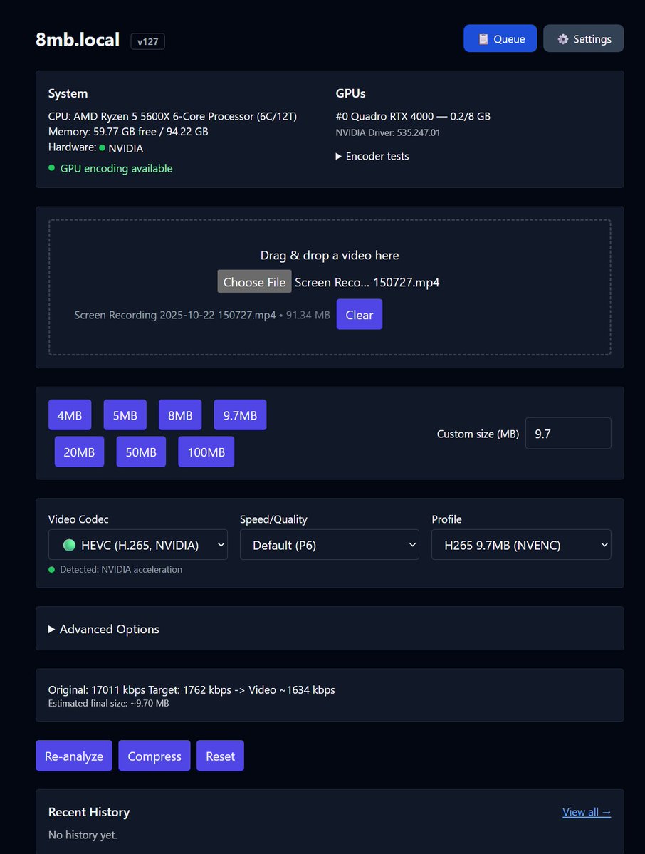 elhackernet's tweet image. 🛠️ 8mblocal es un compresor de video local gratuito y autoalojado con interfaz web diseñada para el rendimiento y la facilidad de uso

🗜️Permite comprimir un vídeo al tamaño deseado mediante códec AV1, HEVC (H.265 y H.264)

🎵Extraer audio de un video, etc
github.com/JMS1717/8mb.lo…
