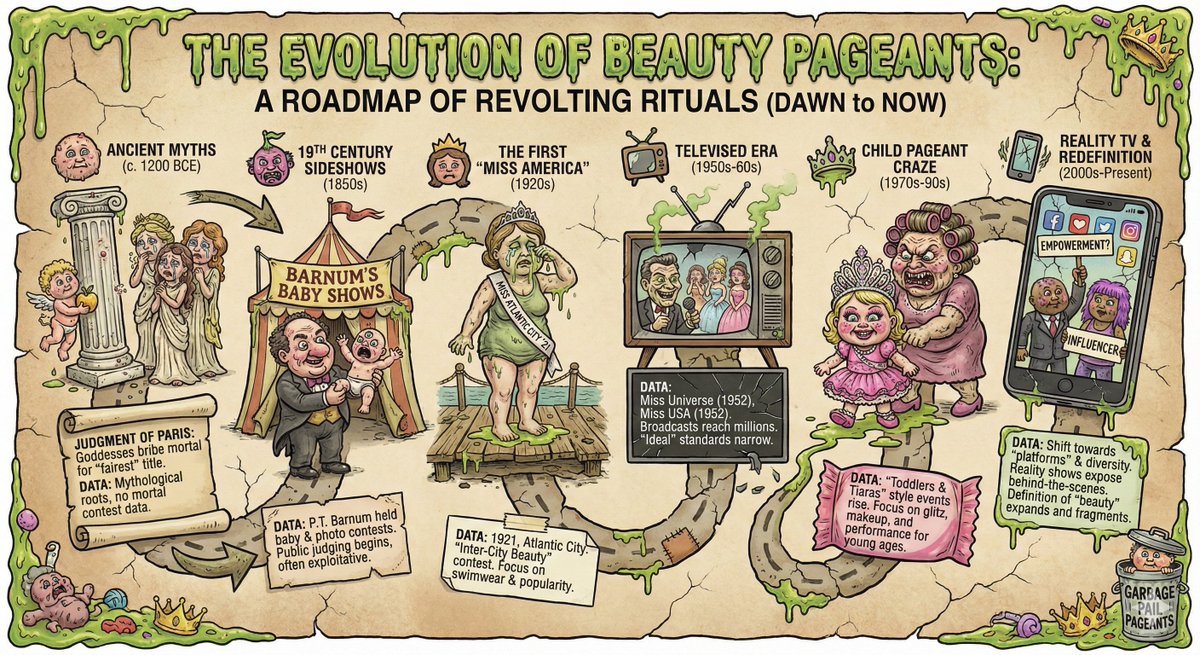 motionphi's tweet image. How about the evolution of beauty pageants, as told by Garbage Pail Kids: #nanobanana #infographics
