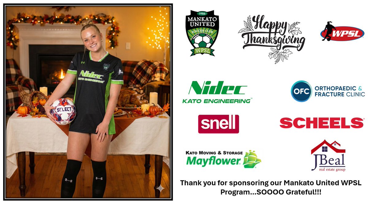 As we move into the Thanksgiving Holiday, we want to give a THANKFUL shout out to our KEY Sponsors. <a href="/NidecMotorCorp/">Nidec Motor Corporation</a>  <a href="/SnellMotors/">Snell Motors</a>  @mankatoscheels   <a href="/WPSL/">Women’s Premier Soccer League</a>  <a href="/WPSLCentral/">WPSL Central Region</a>  <a href="/Lights_Football/">Northern Lights Football</a>  #thanksgiving #grateful #thankful #hergame #GoKato