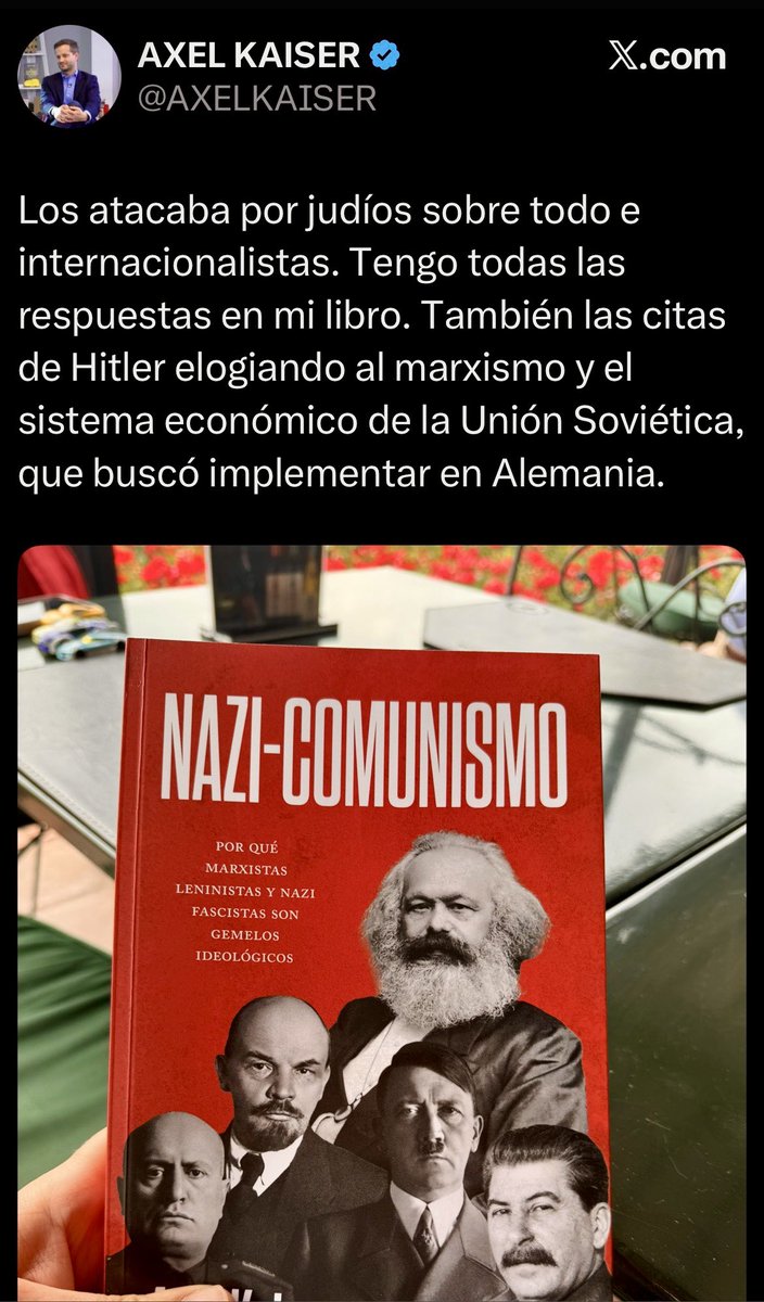 Eneatipo7's tweet image. NAZISMO Y COMUNISMO

Dos mundos que sólo se confunden cuando se mira desde el balcón de la ignorancia con el binocular de la estupidez.

Axel Kaiser vuelve a publicar un libro que deja en evidencia su torpeza y deseos de imponer una idea tendenciosa y tergiversada de la realidad.…