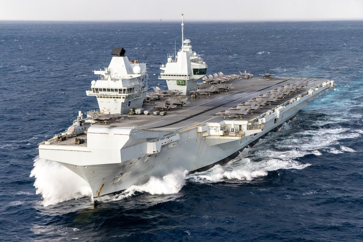 UKDefJournal's tweet image. Images show British aircraft carrier HMS Prince of Wales with 24 F-35B jets on deck in the Mediterranean.