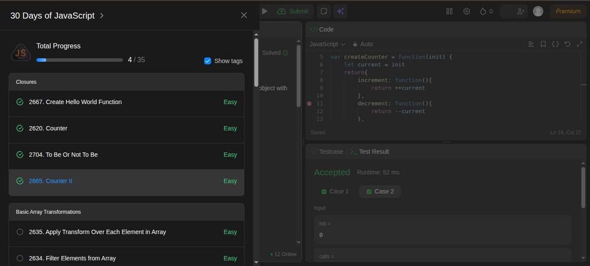 xclusive081's tweet image. Day 1 of 30: LeetCode JavaScript Challenge
Solved a few JS fundamentals today:
✨ Returning functions (closures)
✨ Building a counter with state
✨ Recreating expect().toBe() logic
✨ Understanding how functions capture variables
#30DaysOfJS #LeetCode #BuildInPublic #javascript