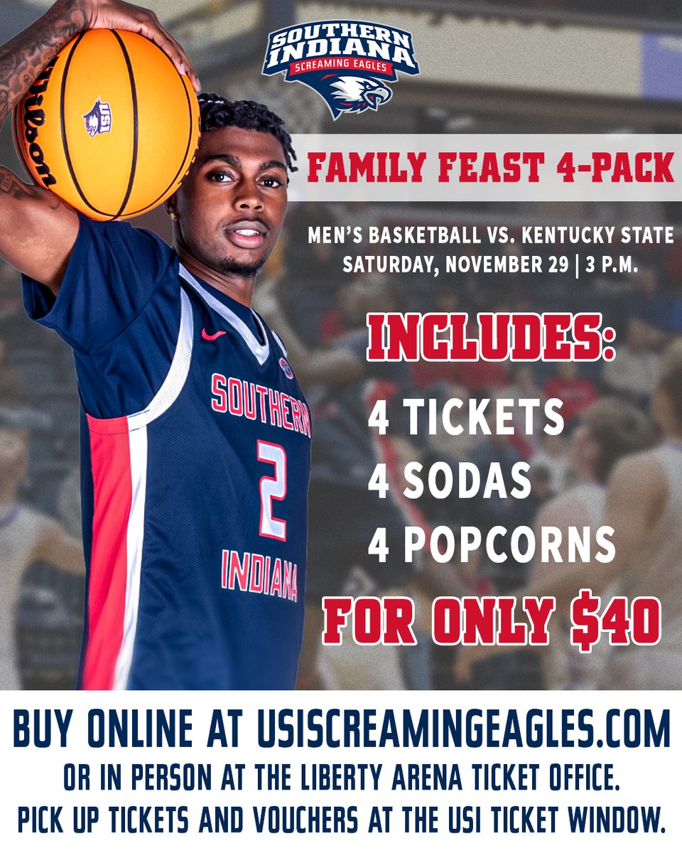 USIAthletics's tweet photo. 𝙁𝙖𝙢𝙞𝙡𝙮 𝙁𝙚𝙖𝙨𝙩 4⃣-𝙋𝙖𝙘𝙠🎟️

The holiday fun doesn't have to end on Thursday! Bring the whole family to Saturday's @USI_Basketball game for the perfect post-Thanksgiving day out!

BUY HERE ▶️ https://t.co/jhF3BYWmYl

🦅🏀 #GoUSIEagles https://t.co/qlYubsTs1D