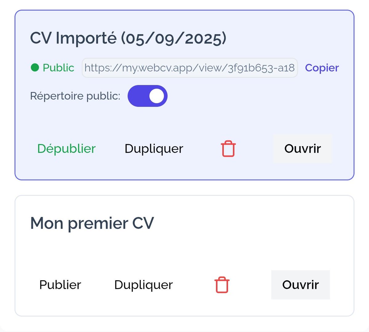 À partir de maintenant, nous ouvrons un Annuaire Public à vos CV. Le principe : vous avez publiés des CV sur votre compte afin de générer un lien direct que vous partagez sans limites, désormais, vous avez un switch qui vous permet de l'afficher sur le répertoire de l'annuaire.