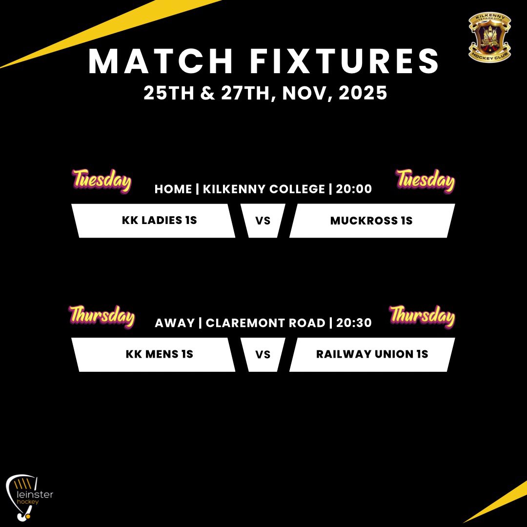 Mid week hockey madness. Both our men’s and ladies 1s take to the pitch, with our ladies playing host to Muckross L1s in Kilkenny College on Tuesday night. Our Men’s 1s take on Railway Union men’s 1s at Claremont Road on Thursday night. All supporters welcome at games.