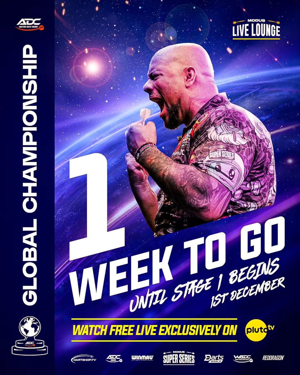 🏆 1 WEEK TO GO.

56 players. £150,000 prize fund. One Global Champion. 🎯

The ADC Global Championship Stage 1 begins 1st December.

📺 Watch LIVE and FREE exclusively on Pluto TV → tinyurl.com/ADCPlutoTV

🌐 Visit → globalchamp.dartscircuit.com

<a href="/Winmau/">Winmau</a> 
<a href="/reddragondarts/">Red Dragon Darts</a>