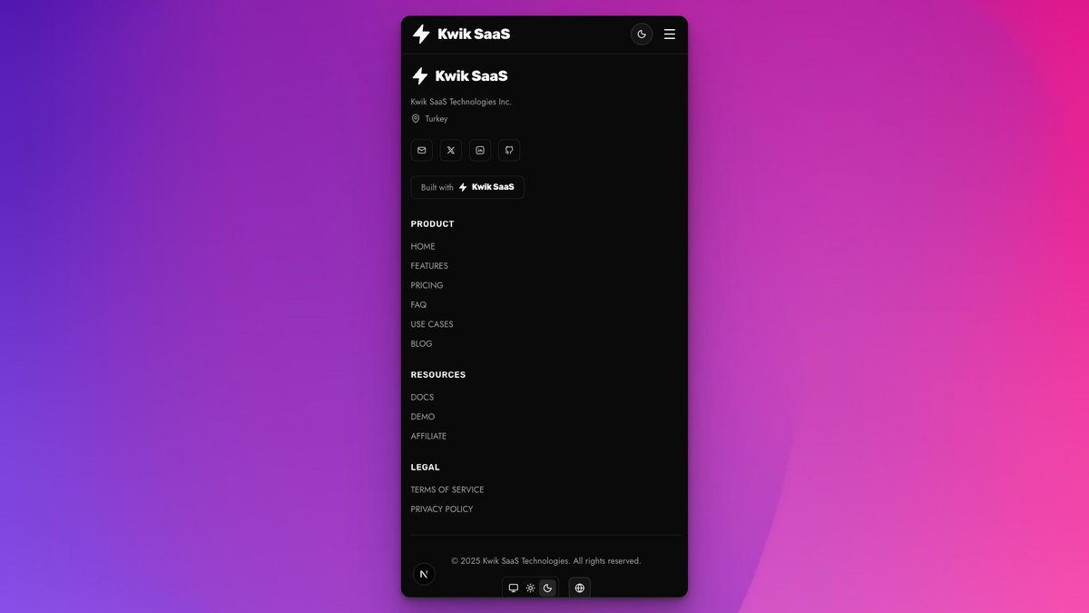 MoHawamdehTech's tweet image. #BuildInPublic - Day 2  - Update: Kwik SaaS Progress.

Wrapped up the navbar + footer today – looks dope and solid.

Clean navigation, responsive design, dark mode ready. 

Tomorrow: Jumping into the full Auth system – sign-ups, logins, verification, the works.

Keeping you…