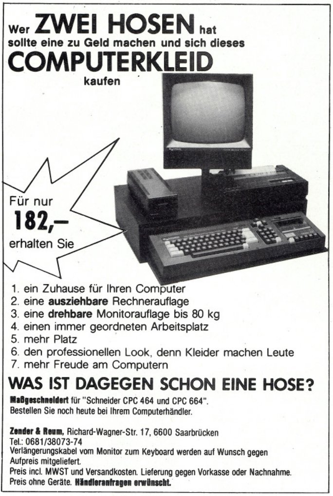 Retrojournal_de's tweet image. 👖💻„Wer ZWEI HOSEN hat, sollte eine zu Geld machen und sich dieses COMPUTERKLEID kaufen.“
182 DM für: ausziehbare Rechnerauflage, drehbare Monitorplatte, mehr Platz, mehr Professional-Look – weil Kleider Leute machen.
80s-Logik: Mode → egal. Hauptsache der CPC sieht gut aus. 😎