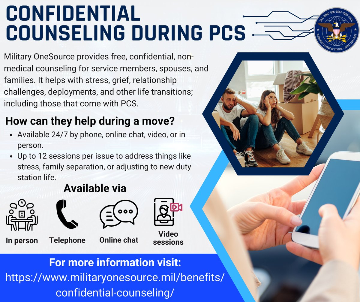 PCS moves can be stressful. Military OneSource offers free, confidential counseling 24/7 by phone, video, chat, or in person.
Learn more at:
militaryonesource.mil/benefits/confi…
#PCSing #MilitaryMoves #PCSsupport