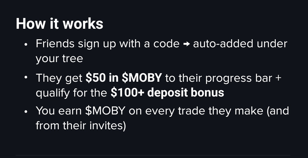ASRAIPRO's tweet image. i just received 3 exclusive $MOBY invite codes for NEW users. 

each code gives you $50 in $MOBY + unlocks the $100 deposit bonus. 

they’re only valid for 24 hours: 👇 

MOBY-8IL9WKJ4
MOBY-N4Q5IEIA
MOBY-OFL7OI99