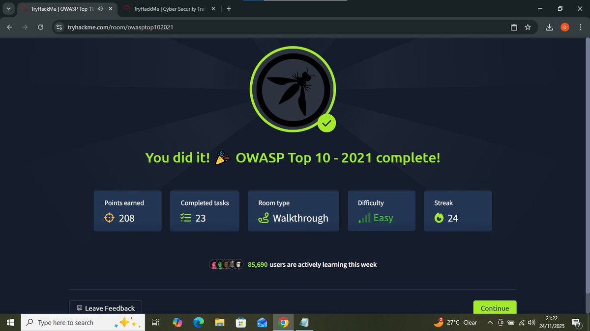 dvniel_exe's tweet image. Day 74 ⚜️
OWASP top 10 - 2021 
Spent a lot of time in this room and icl it was really interesting. This completes the web hacking module. I&apos;d probably lock in on this after the fundamentals 
#100DaysOfCybersecurity #tryhackme
