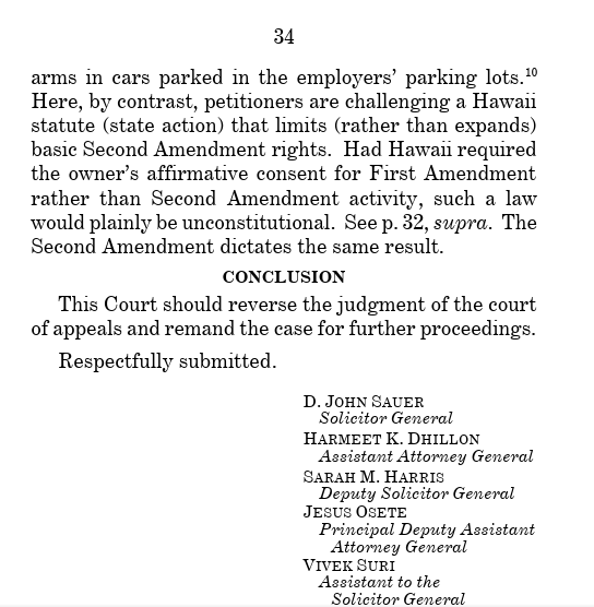 弁論要旨は、「ハワイ州が、憲法修正第2条ではなく憲法修正第1条の行為について所有者の積極的な同意を要求していたとしたら、そのような法律は明らかに違憲となるだろう。憲法修正第2条は同じ結果を規定している」と結論付けている。