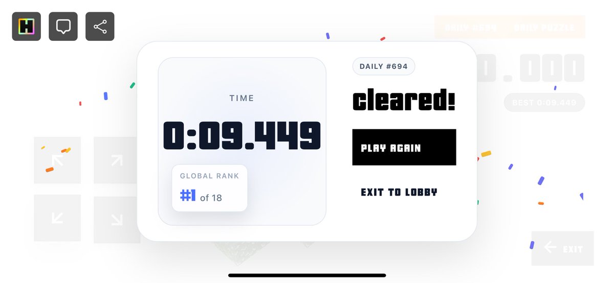 Try to beat me on the daily puzzle in <a href="/RicardoDeZoete/">Ricardo | Hammy(.eth)</a> new amazing puzzle game on @Hytopia! 😏 
Also, Hytopia will be at 400k MAU within the next 2 days, <a href="/dresnite/">Dresnite</a> has an MMORPG coming tomorrow, and <a href="/gg_synk/">gg</a> is bringing Phsh 2 soon! 🤯