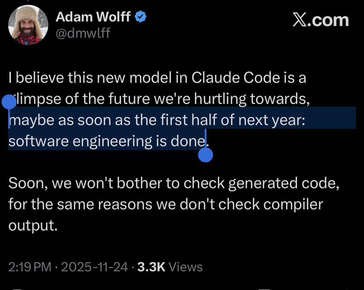 ns123abc's tweet image. 🚨Anthropic researcher believes: “maybe as soon as the first half of next year: software engineering is done.”

ITS SO OVER.