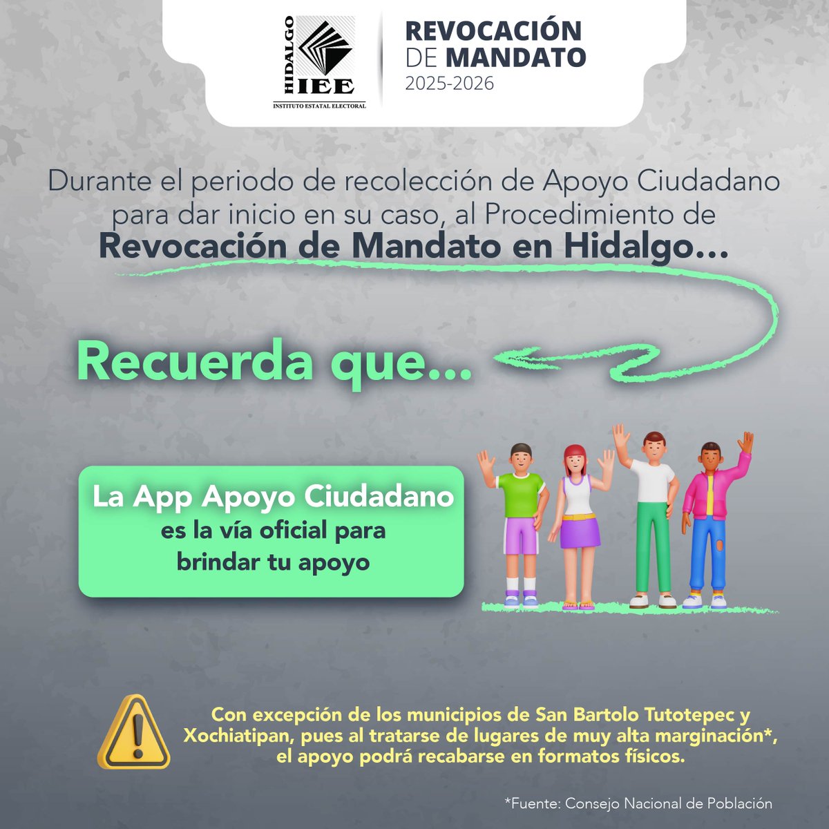 IEEHidalgo's tweet image. 🔵 💬 || La Aplicación Móvil “Apoyo Ciudadano”, es la vía oficial para registrar apoyo para dar inicio, en su caso, al Procedimiento de Revocación de Mandato en #Hidalgo.
⚠️ Con excepción de los municipios de San Bartolo Tutotepec y Xochiatipan, en los que el apoyo podrá…