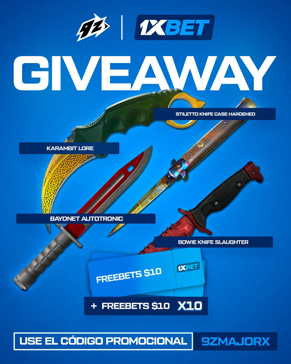 9zTeam's tweet image. Enloqueció @1xbet_esportsES por el comienzo del Major de CS2 y armamos un sorteo TREMENDO 🔥

🎁 Karambit Lore.
🎁 Bayonet Autotronic.
🎁 Bowie Knife Slaughter.
🎁 Stiletto Knife Case Hardened.
🎁 x10 apuestas gratis de $10.

¿Cómo participar?

* Seguí en X a @9zTeam y…