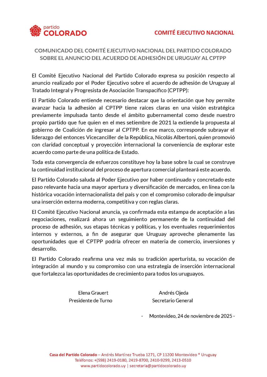 🚩El Comité Ejecutivo Nacional del Partido Colorado se pronuncia sobre el anuncio del acuerdo de adhesión de Uruguay al CPTPP. 
#PartidoColorado #UruguayalCPTPP