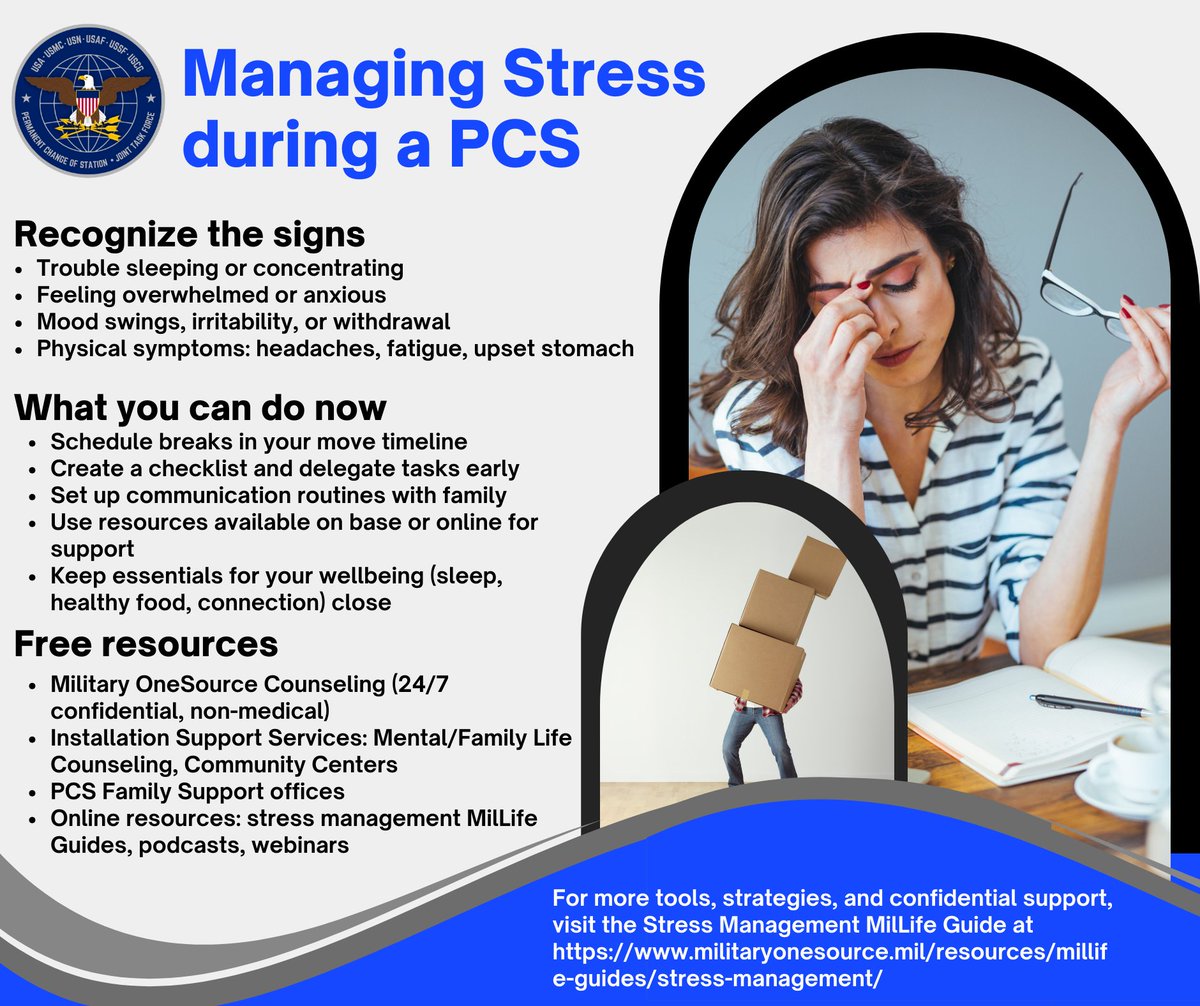 DOWPPA's tweet image. PCS moves can be stressful; from sleepless nights to feeling overwhelmed. Military OneSource offers free tools and confidential counseling to help you manage it.
Learn more: militaryonesource.mil/resources/mill…
#PCSing #MilitaryMoves #PCSsupport